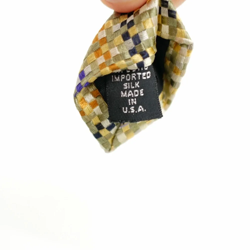 Metropolitan Lord & Taylor Yellow Blue Striped‎ Check Woven Silk Tie Made In USA